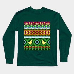 Cross Stitch, Ethnic Pattern, Pixel Seamless, Hen Pattern Long Sleeve T-Shirt